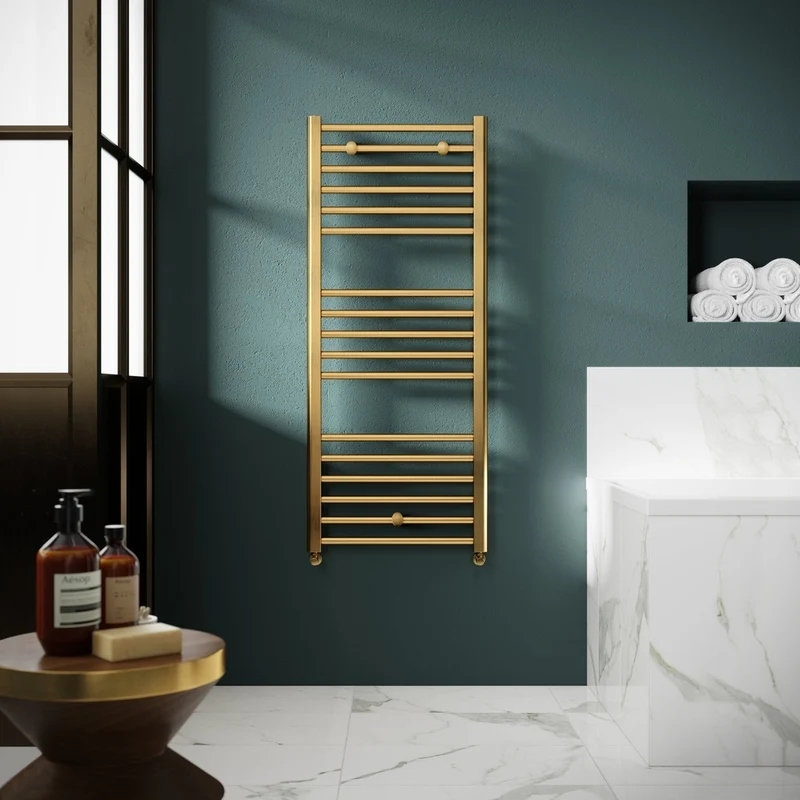 Hudson Reed Lorica Round Straight Towel Radiator 1200x500 Contemp Brushed Brass Steel 1200x500x30mm