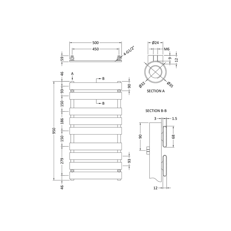 Hudson Reed Piazza Heated Towel Rail Contemp Chrome Steel 950x500x59mm