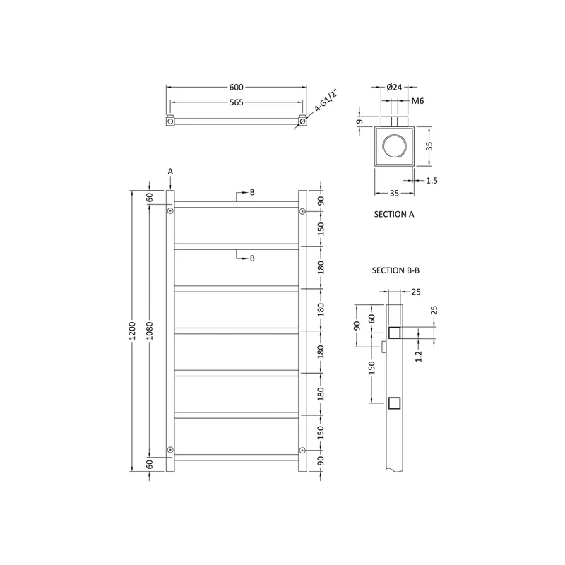Hudson Reed Eton Heated Towel Rail Contemp Chrome Steel 1200x600x40mm