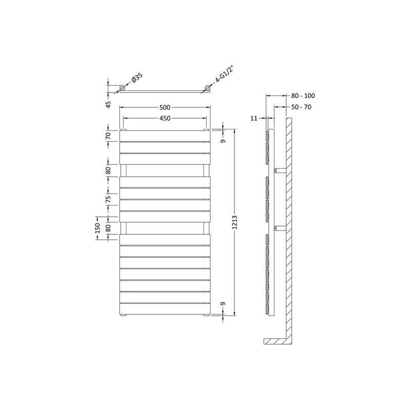 Hudson Reed Piazza Heated Towel Rail Contemp Chrome Steel 1213x500x45mm