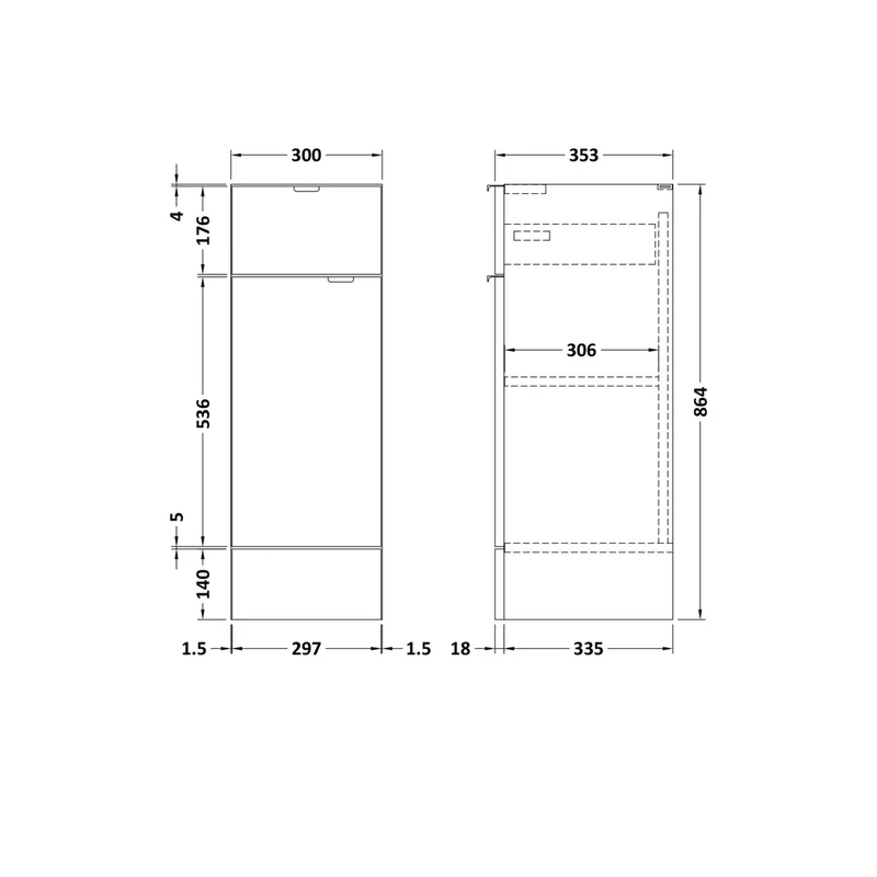 Hudson Reed Fusion 300mm Drawer Lined Unit Contemp Gloss White MFC Painted Gloss 864x300x355mm