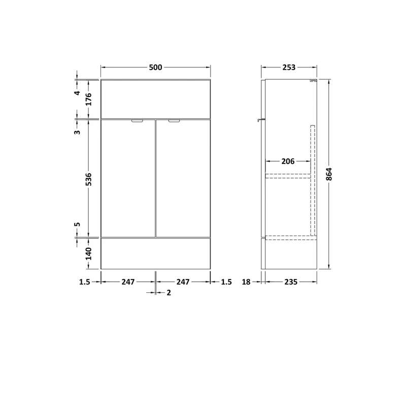 Hudson Reed Fusion 500mm Vanity Unit - Compact Contemp Gloss White MFC Painted Gloss 864x500x255mm