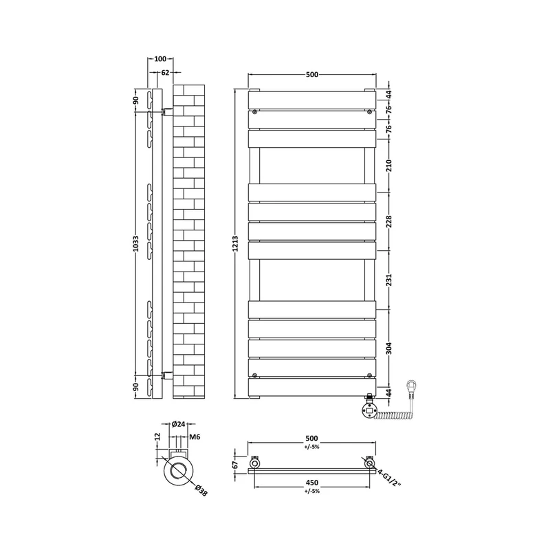 Hudson Reed Electric Flat Panel Towel Rails Square Flat Towel Radiator 1213x500 Contemp Matt Black Steel 1213x500x30mm