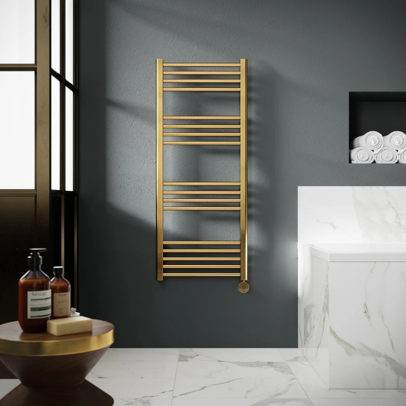 Hudson Reed Electric Bar Towel Rails Round Straight Towel Radiator 1200x500 Contemp Brushed Brass Steel 1200x500x30mm