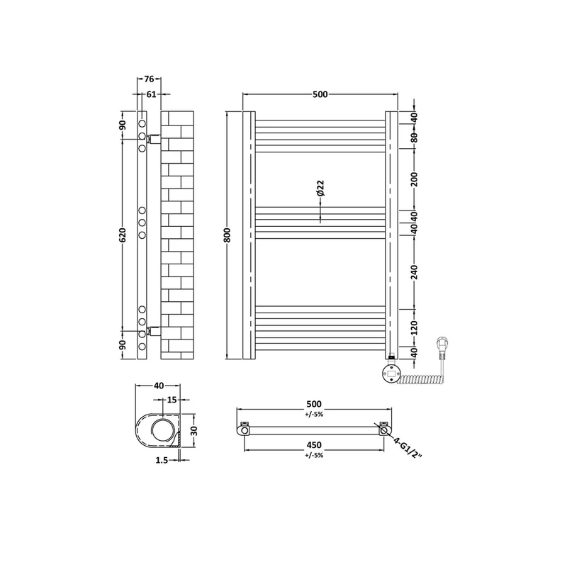 Hudson Reed Electric Bar Towel Rails Round Straight Towel Radiator 800x500 Contemp Chrome Steel 800x500x30mm