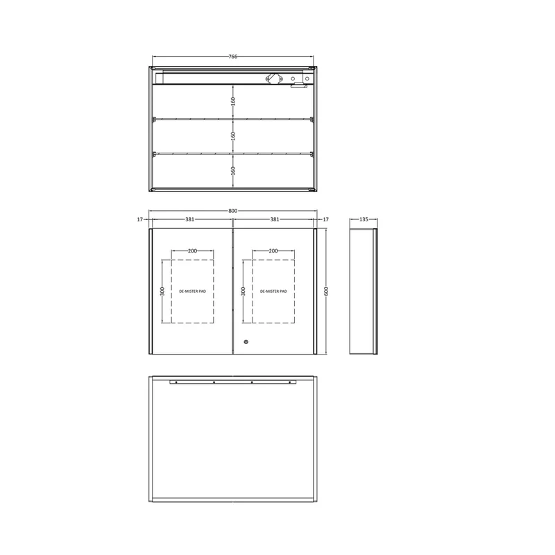 Hudson Reed Double Door Mirror Cabinets 800mm Mirror Cabinet Contemp Silver Aluminium 600x800x140mm