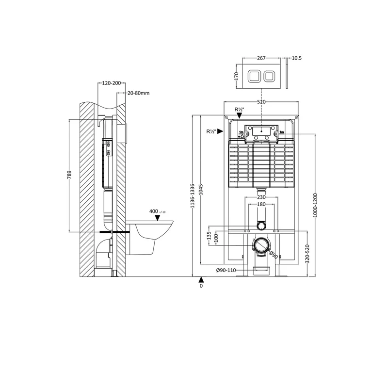 Hudson Reed Concealed Cisterns And Frames Dual Flush Concealed Cistern Frame Square Plate Contemp Matt Black Stainless Steel 1136x520x204mm