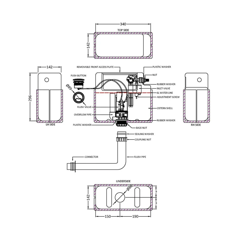 Hudson Reed Concealed Cisterns And Frames Pneumatic Dual Flush Universal Access Concealed Cistern Contemp White Plastic 305x364x164mm