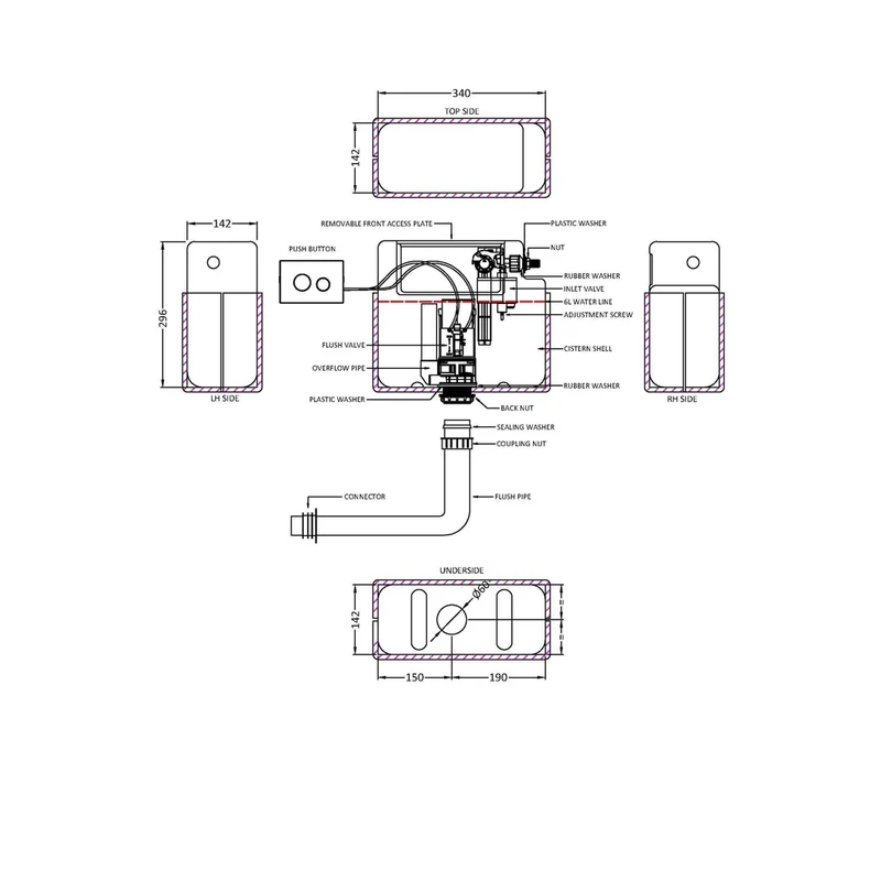 Hudson Reed Concealed Cisterns And Frames Pneumatic Dual Flush Universal Access Concealed Cistern Contemp Matt Black Plastic 305x364x164mm