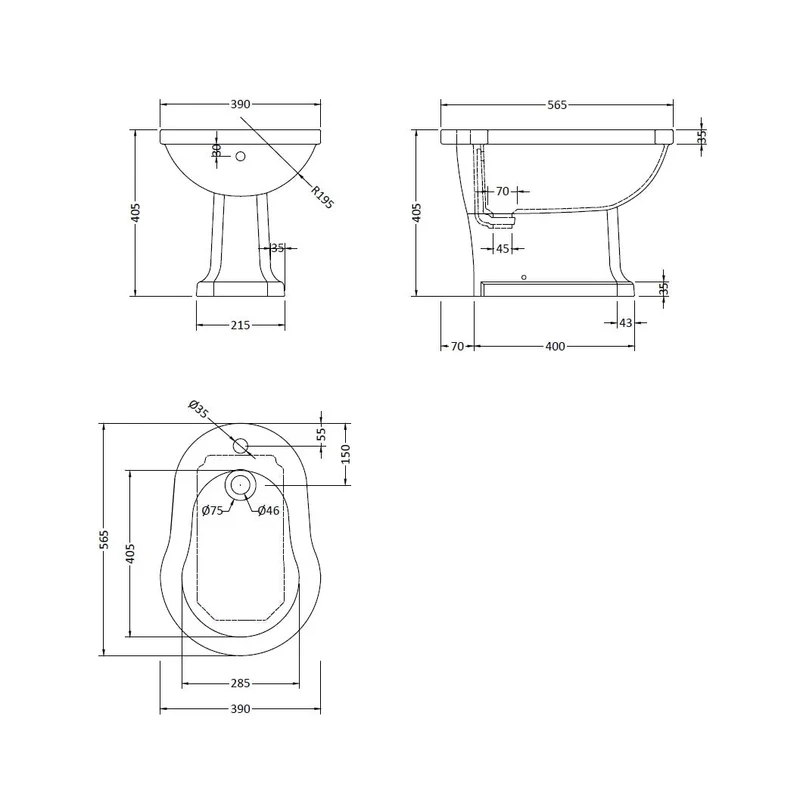 Hudson Reed Richmond Bidet Trad Gloss White Vitreous China 405x390x565mm