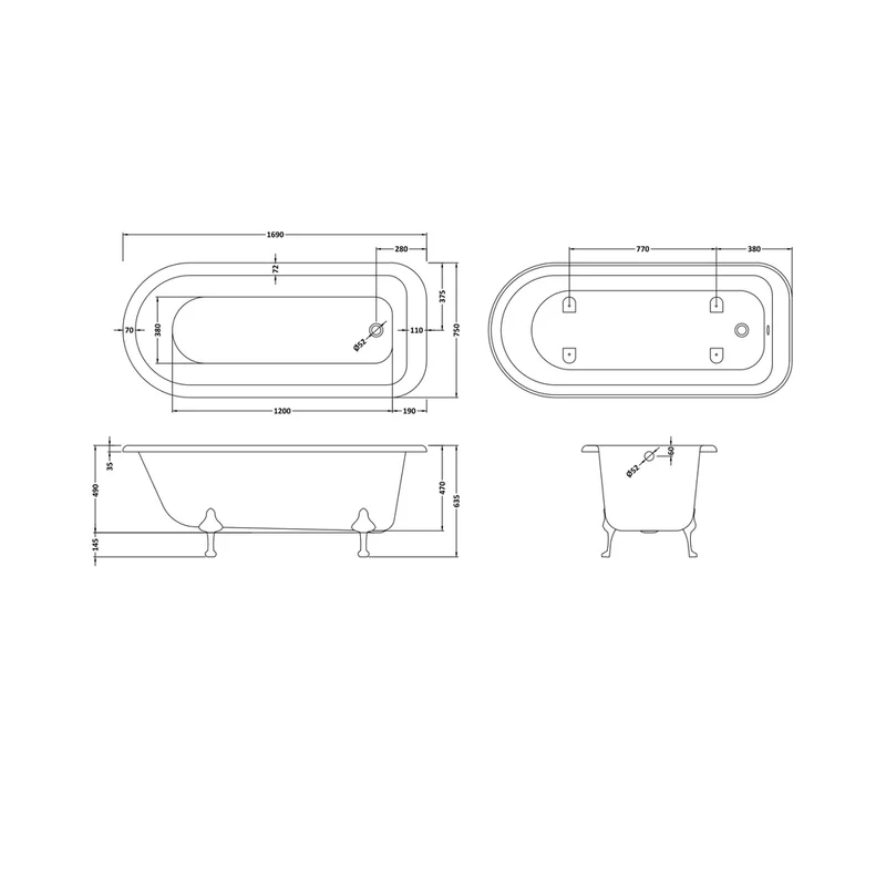 Hudson Reed Barnsbury Freestanding Bath - Pride Leg Set (1700mm) Trad White Acrylic