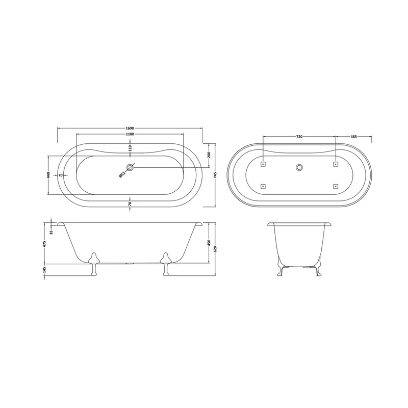 Hudson Reed Kingsbury Freestanding Bath - Corbel Leg Set (1700mm) Trad White Acrylic