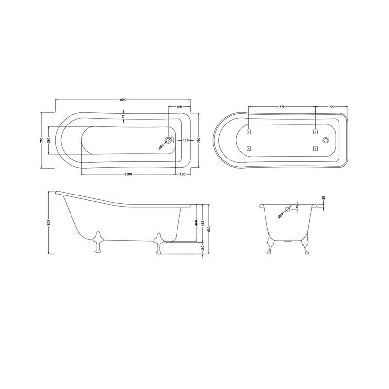 Hudson Reed Brockley Freestanding Bath - Pride Leg Set (1700mm) Trad White Acrylic