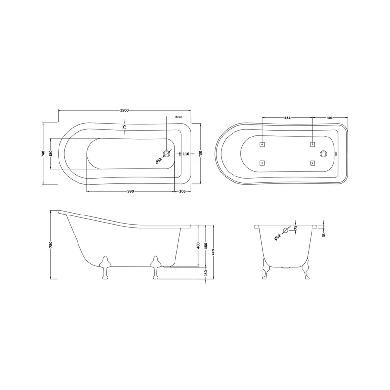 Hudson Reed Brockley Freestanding Bath - Corbel Leg Set (1500mm) Trad White Acrylic