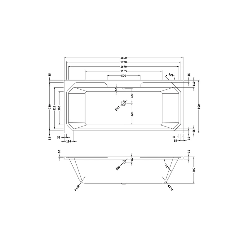 Hudson Reed Ascott Art Deco Bath (1800x800) Trad White Acrylic