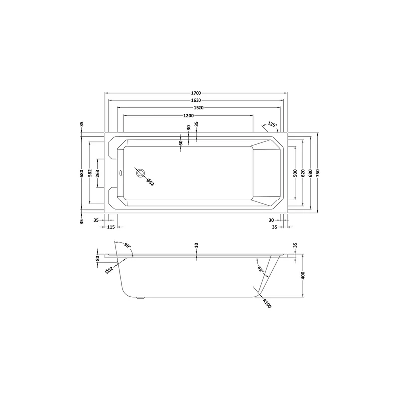 Hudson Reed Ascott Art Deco Bath (1700x750) Trad White Acrylic