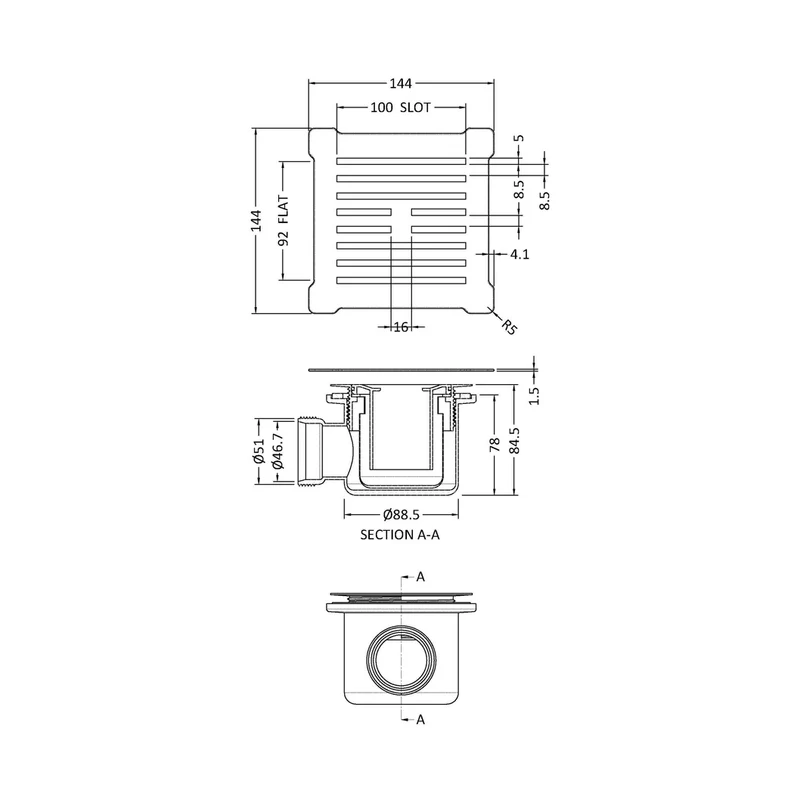 Hudson Reed Shower Tray Wastes Square Shower Waste With Chrome Top Contemp Polypropylene 86x144x144mm