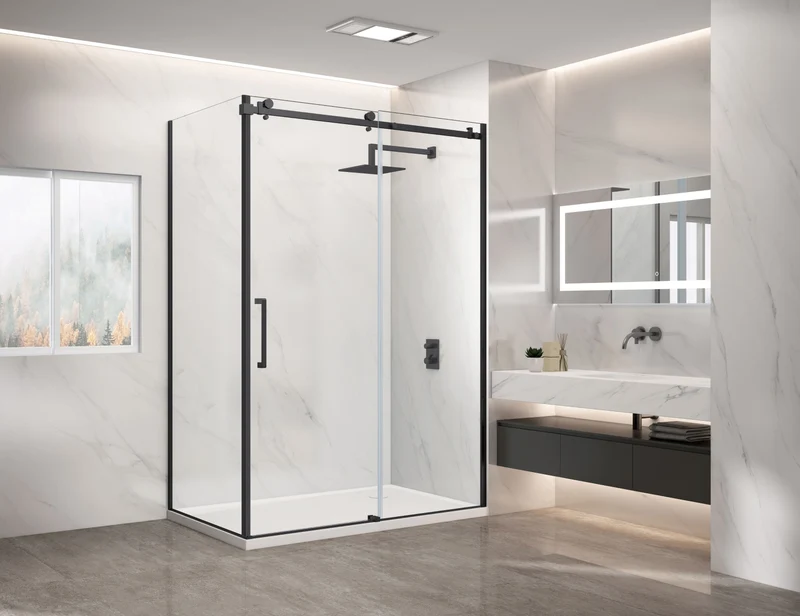 Douche (Base et Vitres inclus) noire 36" X 48" en coin -Mur droit vitre gauche-