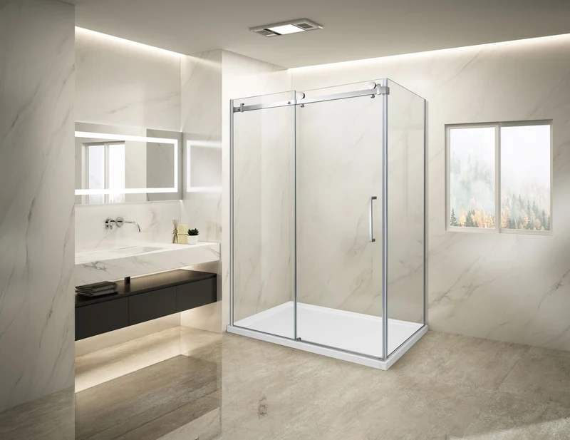 Douche (Base et Vitres inclus) chrome 36" X 60" en coin -Mur gauche vitre droite-