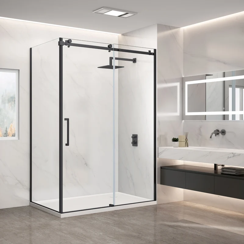 Douche (Base et Vitres inclus) noire 36" X 60" en coin -Mur droit vitre gauche-