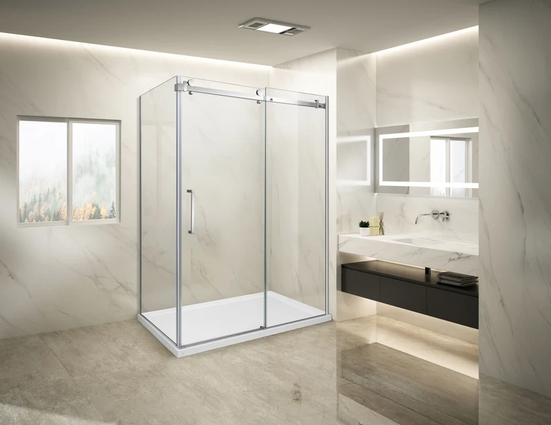 Douche (Base et Vitres inclus) chrome 32" X 60" en coin - Mur droit vitre gauche