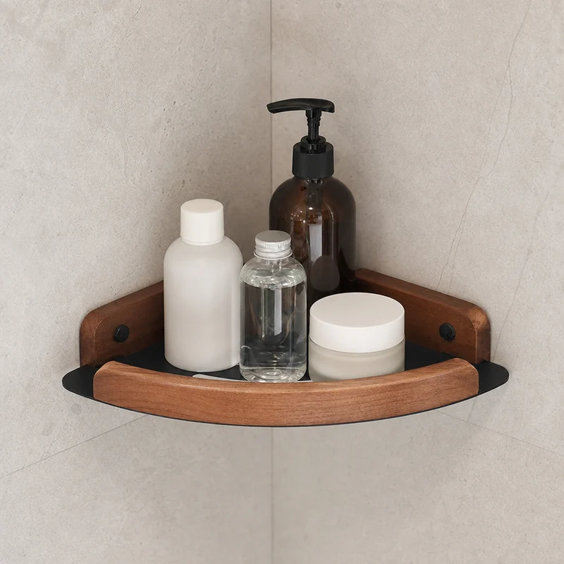 Étagère de douche d'angle aluminium noire et bois foncé