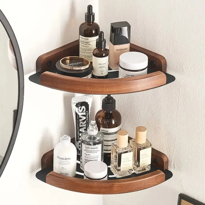 Étagère de douche d'angle aluminium noire et bois foncé