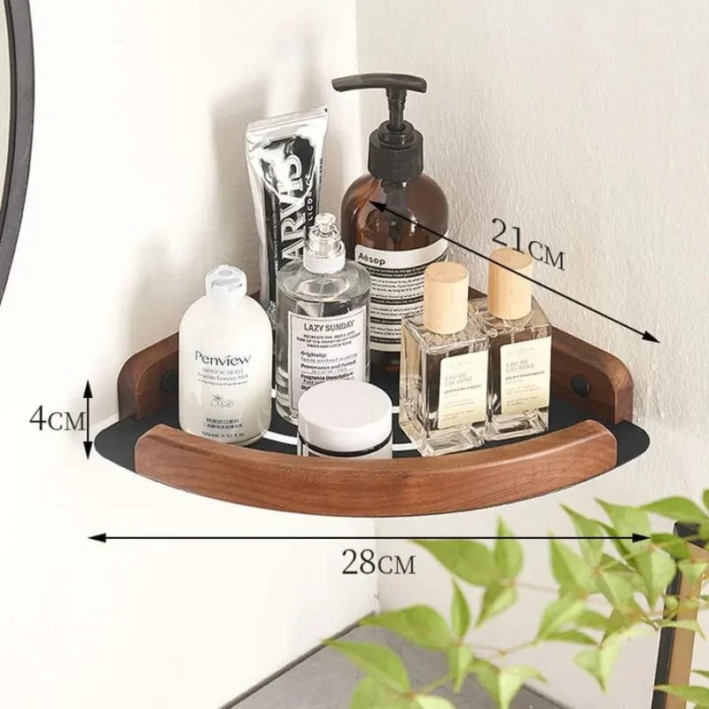Étagère de douche d'angle aluminium noire et bois foncé