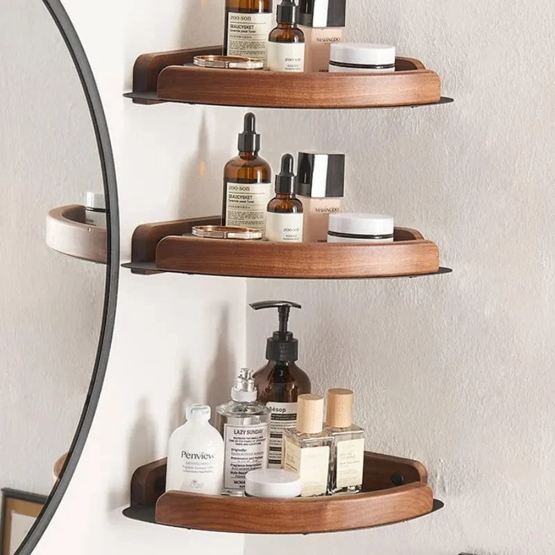 Étagère de douche d'angle aluminium noire et bois foncé