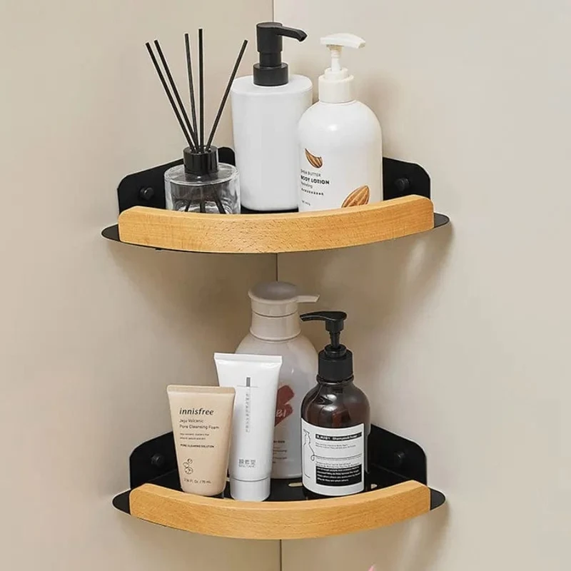 Étagère de douche d'angle aluminium noire et bois clair