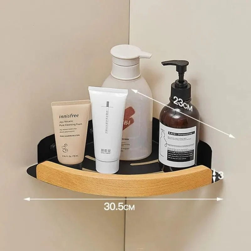 Étagère de douche d'angle aluminium noire et bois clair