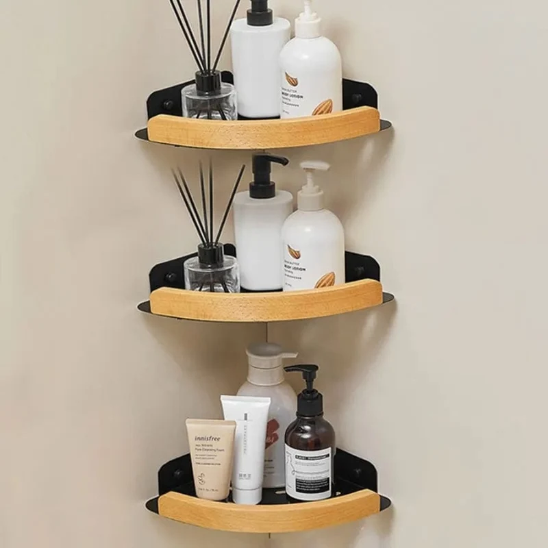 Étagère de douche d'angle aluminium noire et bois clair