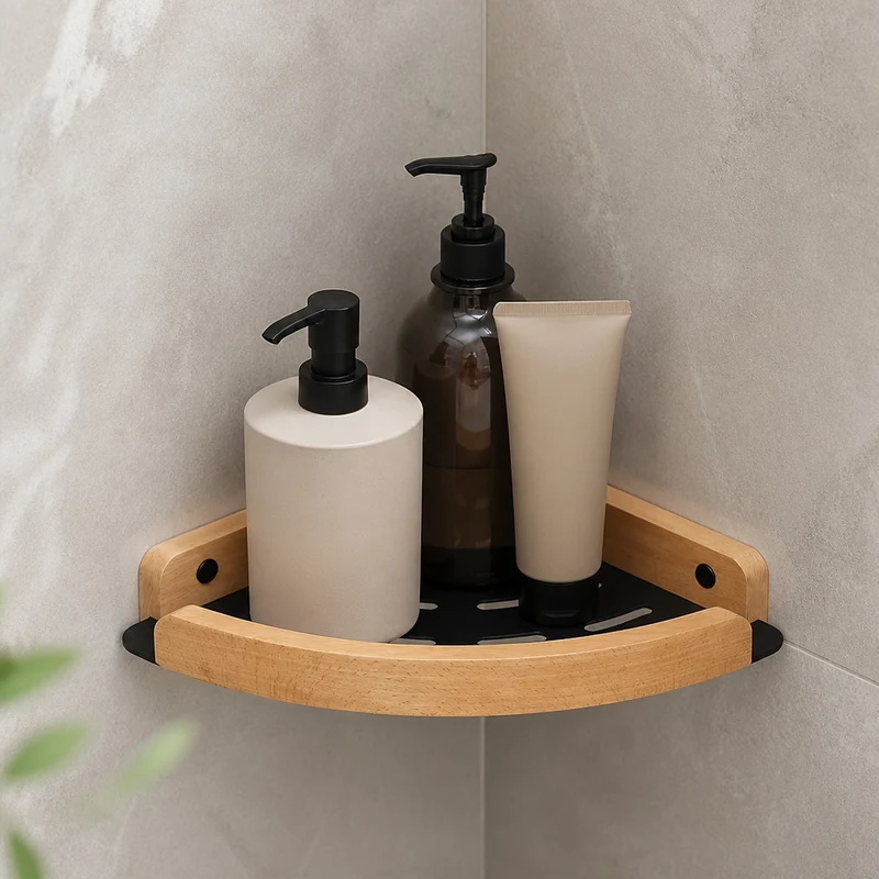Étagère de douche d'angle noire et bois clair