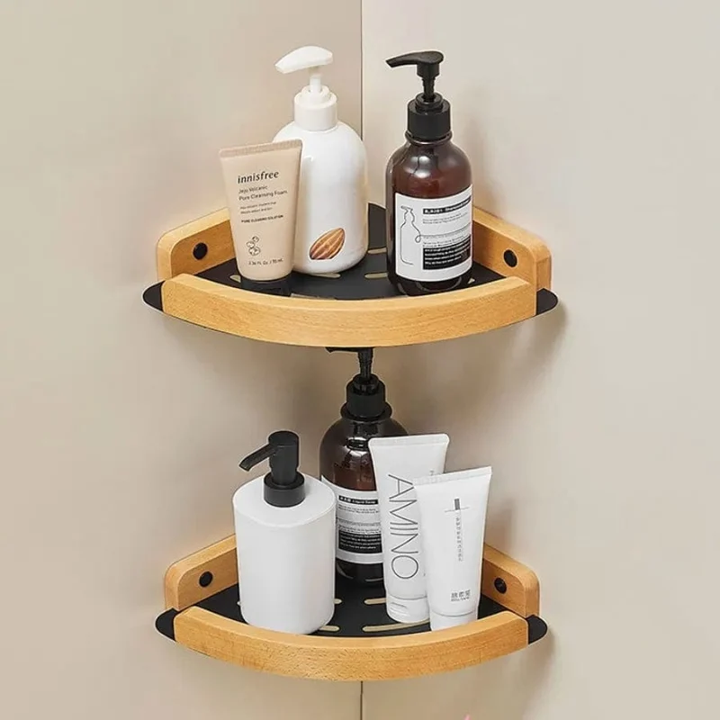 Étagère de douche d'angle noire et bois clair