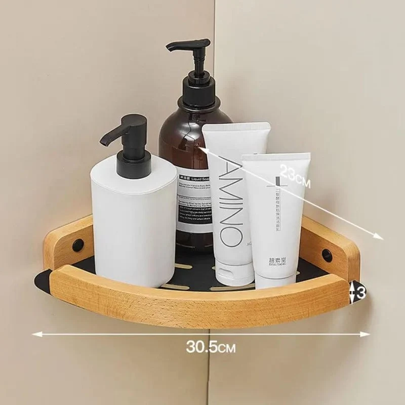 Étagère de douche d'angle noire et bois clair