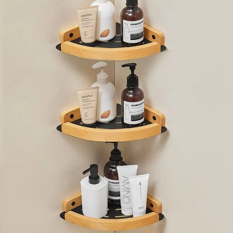 Étagère de douche d'angle noire et bois clair
