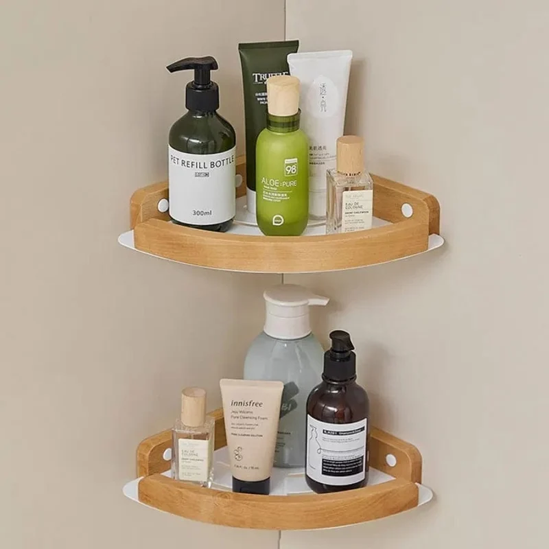 Étagère de douche d'angle blanche et bois clair