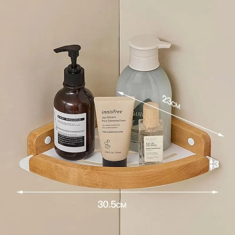 Étagère de douche d'angle blanche et bois clair