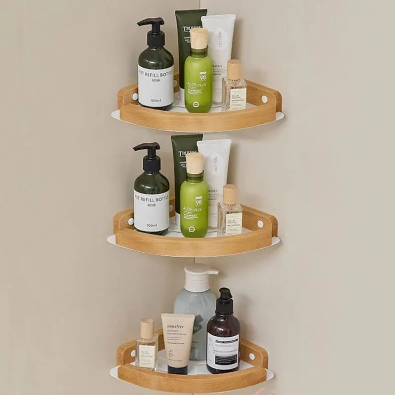 Étagère de douche d'angle blanche et bois clair