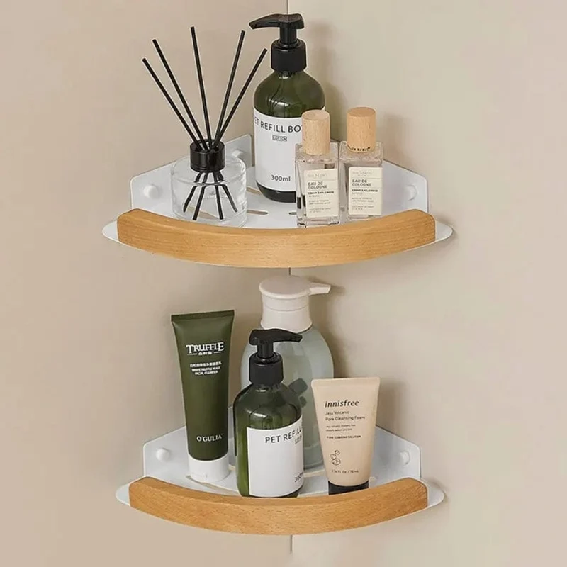 Étagère de douche d'angle arrondie blanche et bois clair