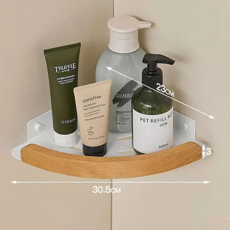 Étagère de douche d'angle arrondie blanche et bois clair