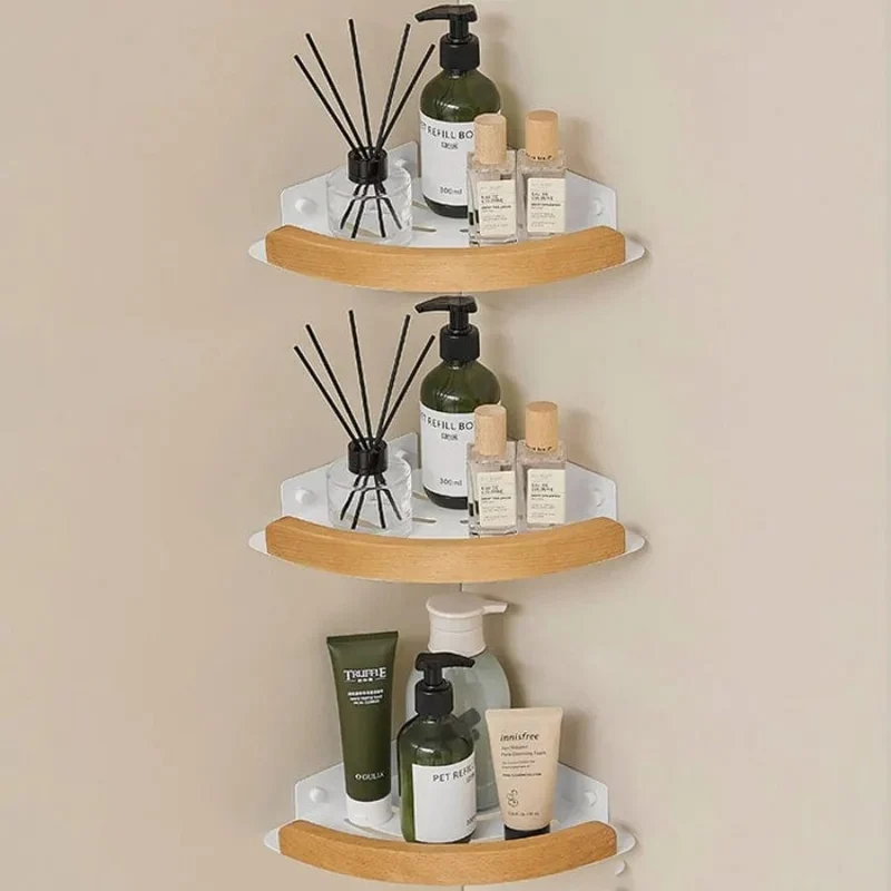 Étagère de douche d'angle arrondie blanche et bois clair