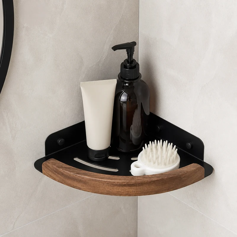 Étagère de douche d'angle arrondie noire et bois foncé