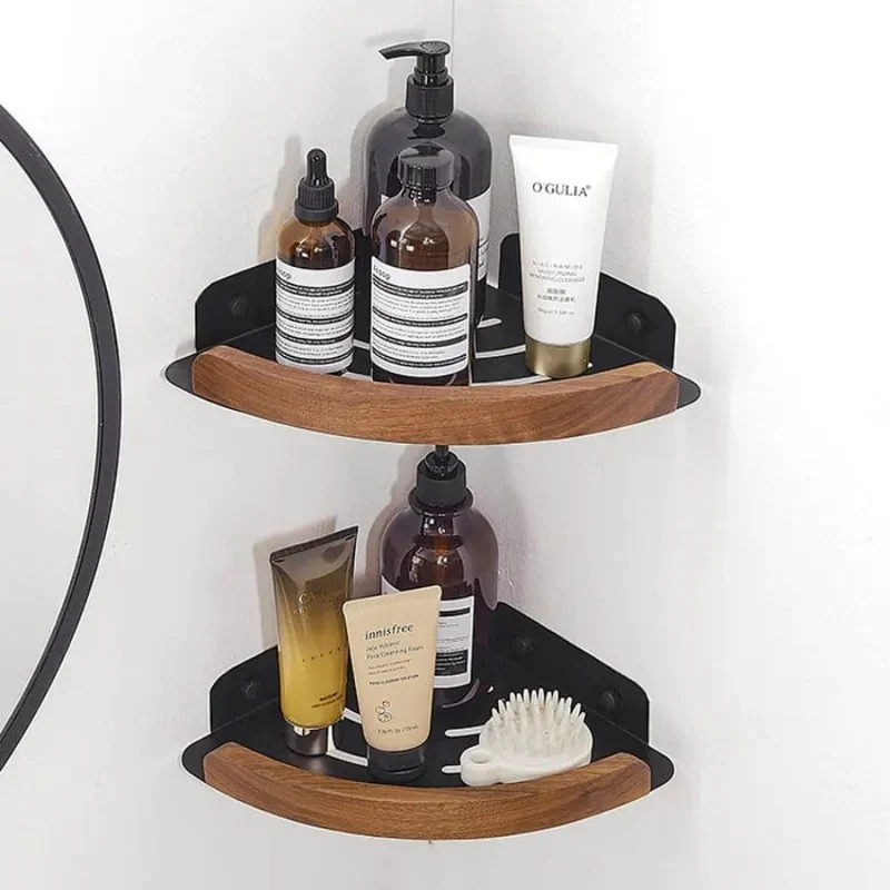 Étagère de douche d'angle arrondie noire et bois foncé