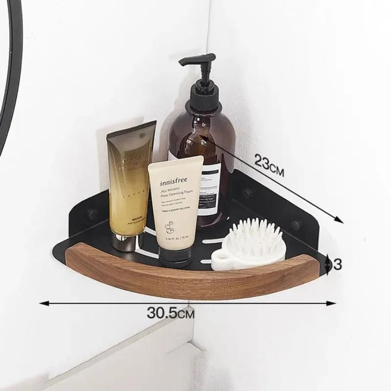 Étagère de douche d'angle arrondie noire et bois foncé