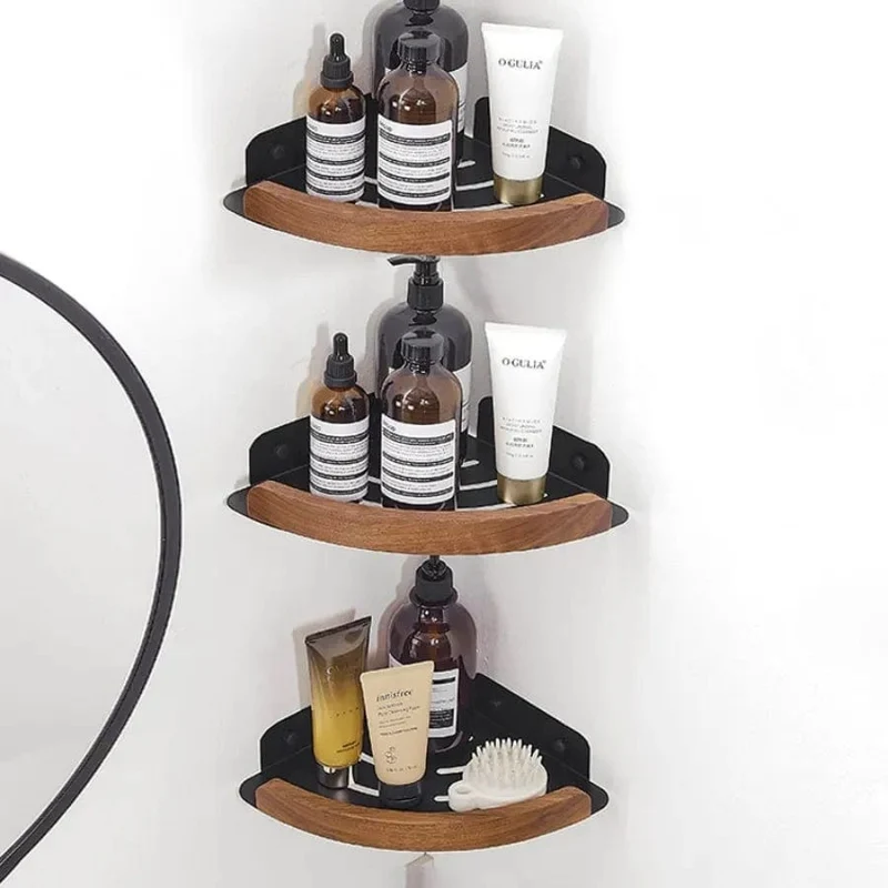 Étagère de douche d'angle arrondie noire et bois foncé