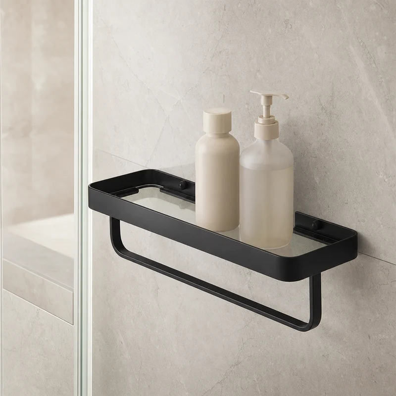 Étagère de douche noire en verre et aluminium