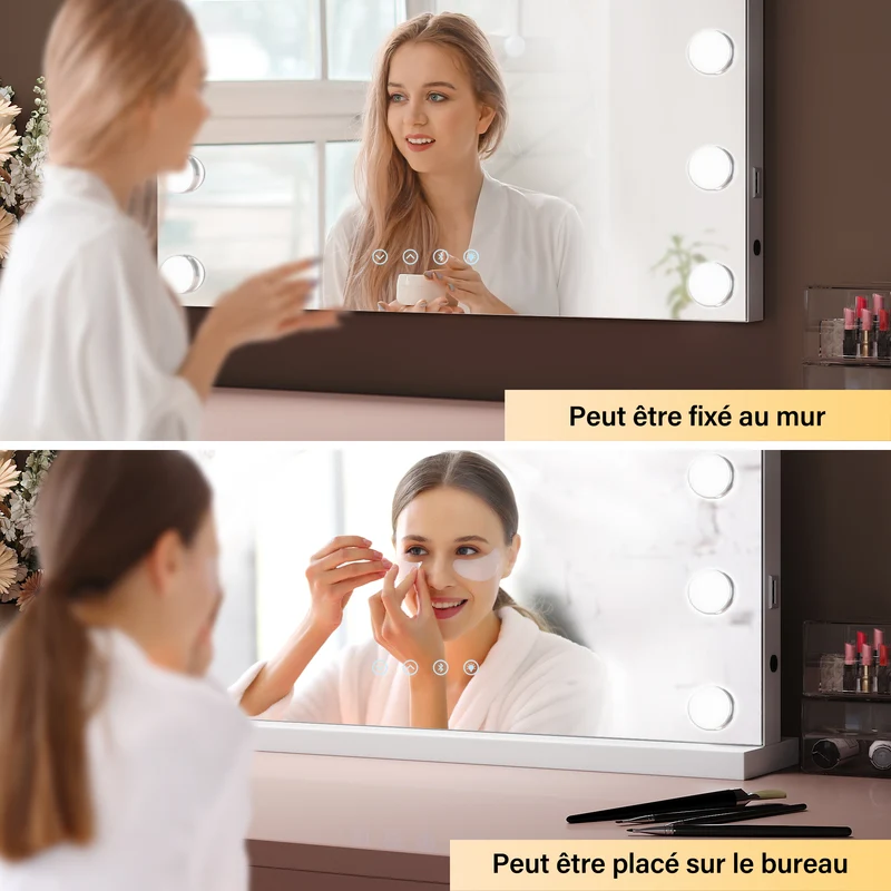 SIRHONA Miroir Mural Miroir Maquillage 58x43cm LED Mirror Hollywood 3 couleurs
