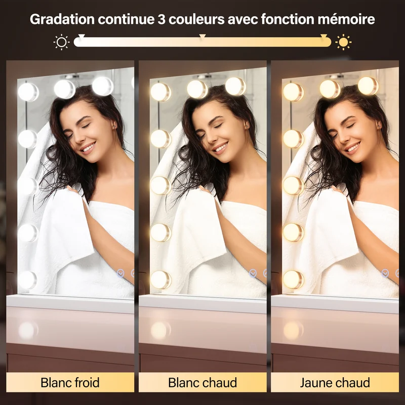 SIRHONA Miroir Mural Miroir Maquillage 58x43cm LED Mirror Hollywood 3 couleurs