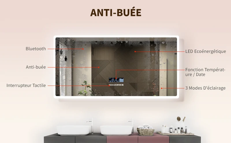 SIRHONA Miroir de Salle de Bain LED Anti-buée Miroir avec éclairage LED Miroir Cosmétiques Mural avec 3 températures de Couleur